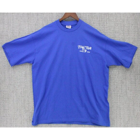 Vintage Pro Club Shirt Mens 2XL Blue Work Hard Stay Humble Pirate Boat Art Y2k - Picture 2 of 10